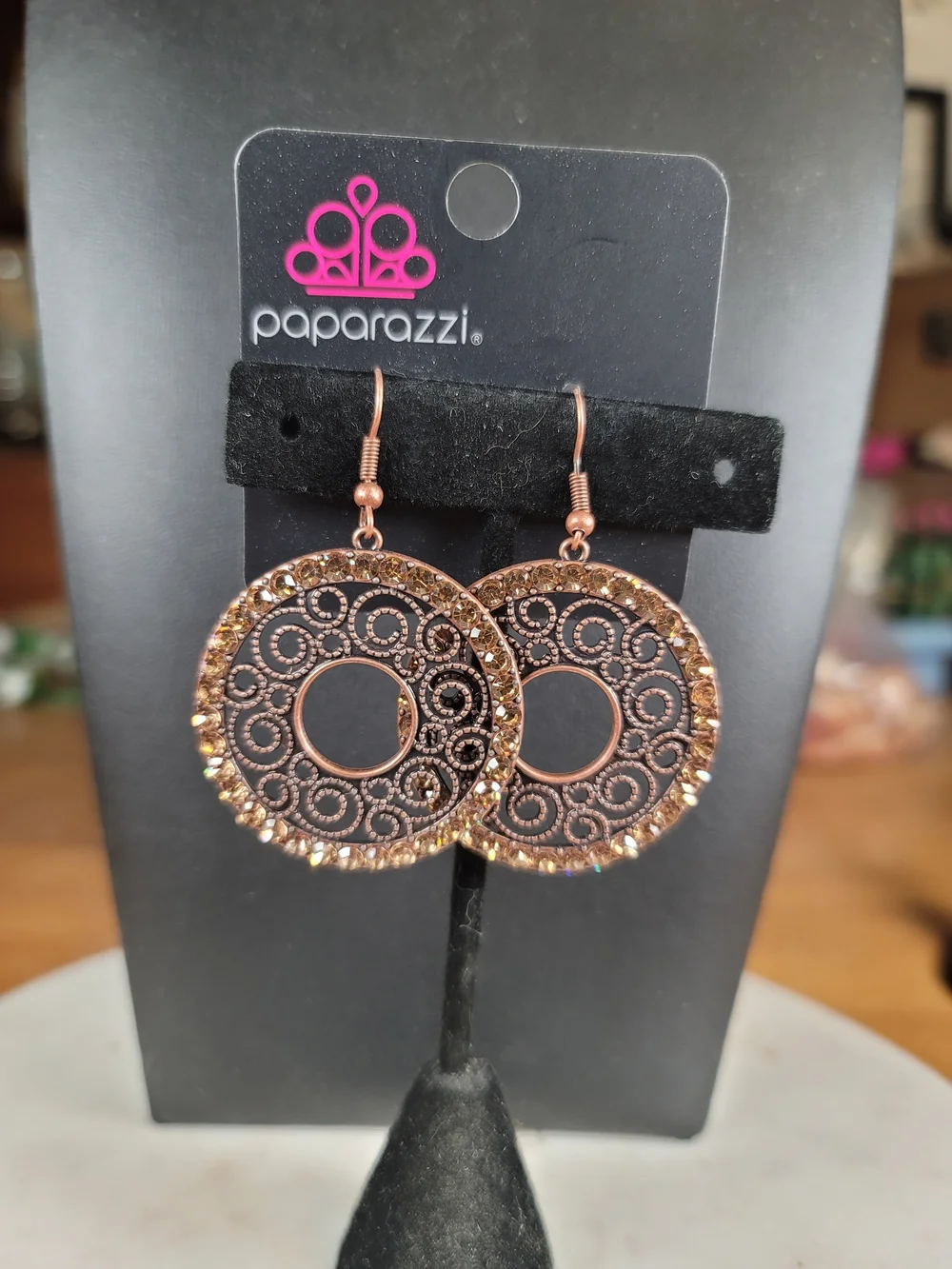 Paparazzi Copper Filigree Circle Drop Earrings - Brown Rhinestones